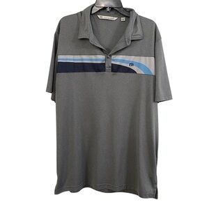 Travis Mathew Golf Polo Shirt Blue Gray Striped Short Sleeve Collared Button